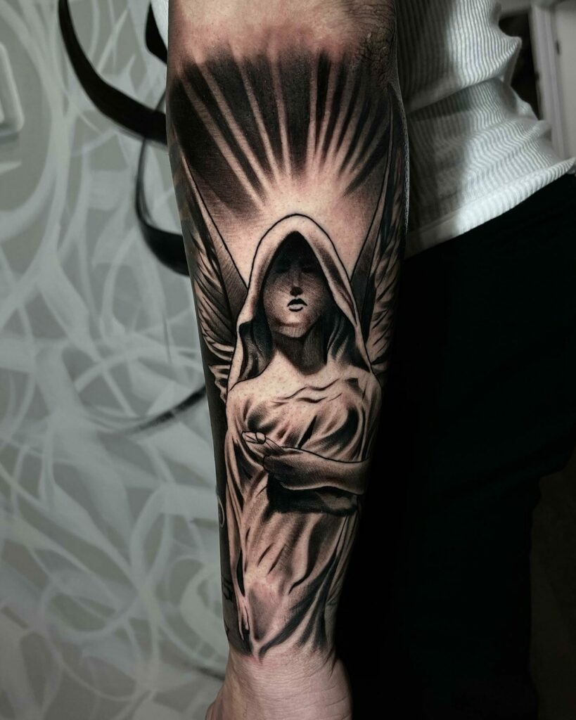 Trendy Guardian Angel Religious Tattoos Half Sleeve Tattoo on Stylevore
