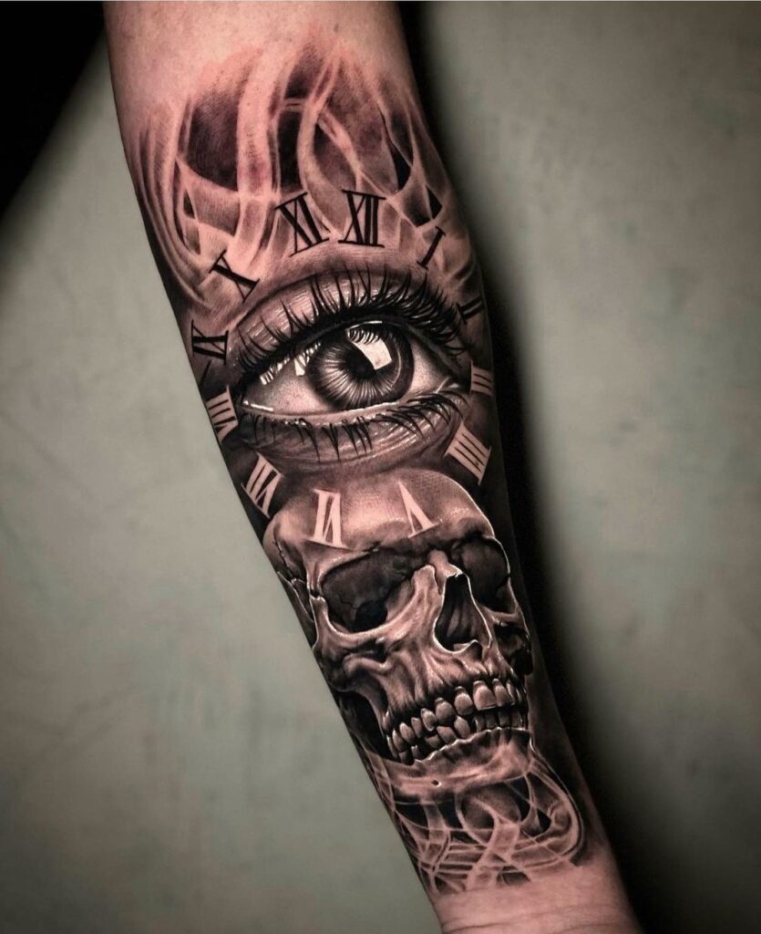 Incredible Skull And Clock Tattoo Design
