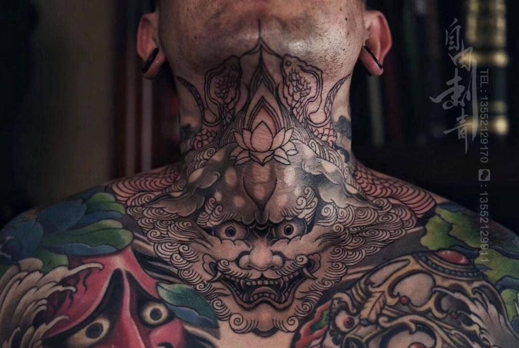 Intricate Demon Tattoo Neck Sleeve