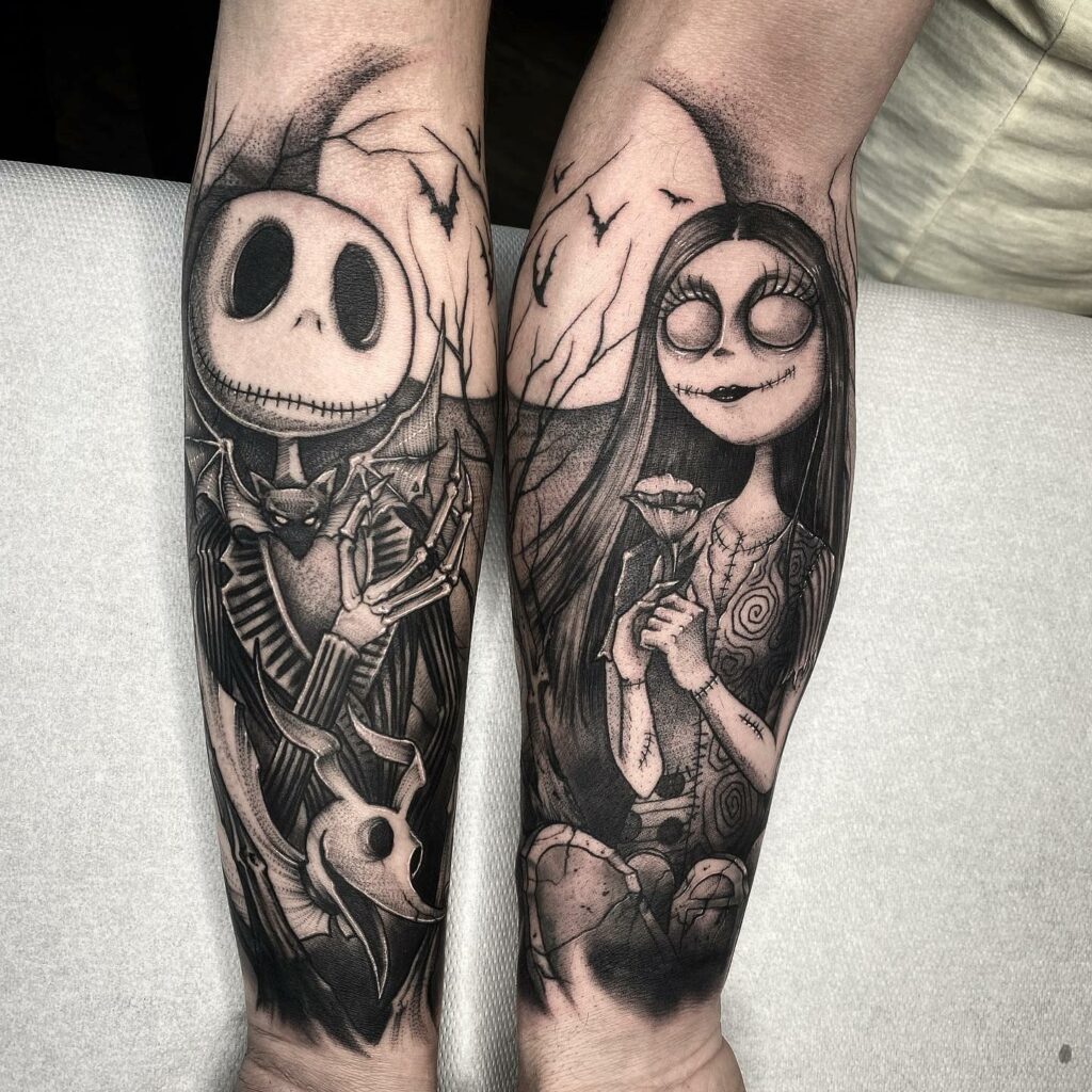 Jack Skellington and Sally Couple's Half Sleeve Tattoo Idas