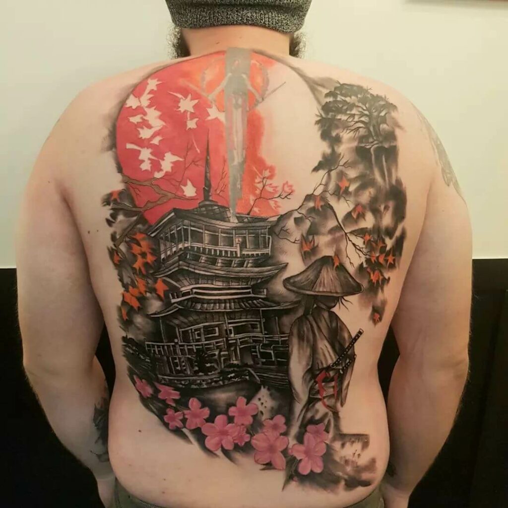 Tattoo uploaded by David  Japanese inspired full sleeve japanese samurai  koi temple chrysanthemum peony blackandgrey waves  Tattoodo