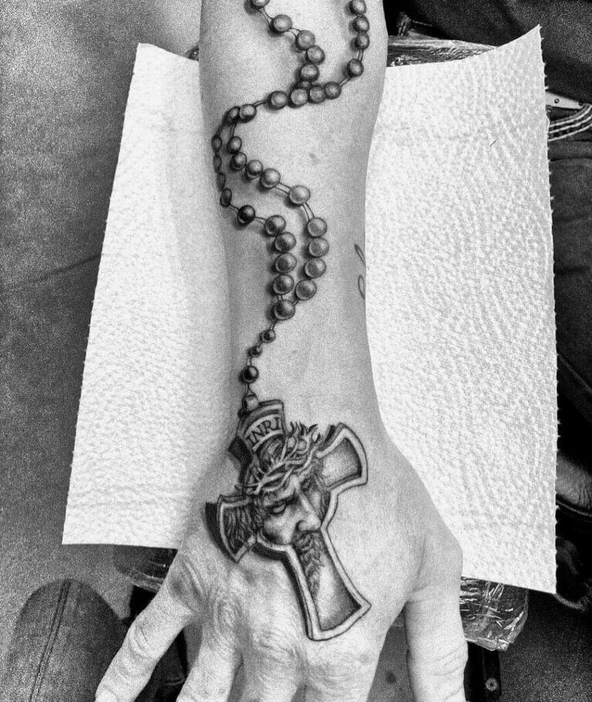 Jesus Christ Crucifix Rosary Tattoos On Hand