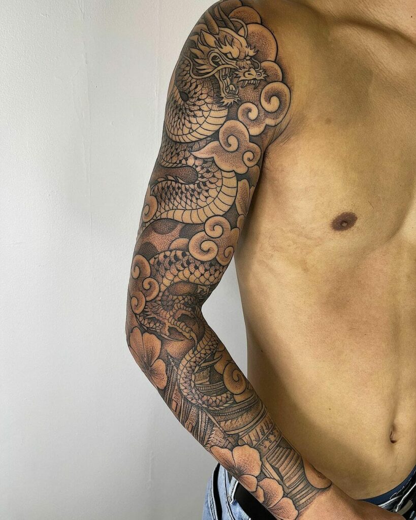 Korean Dragon Sleeve Tattoo Art Idea For Men And Women