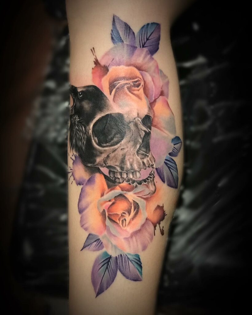 Large Watercolour Rose Tattoo With Skull Motif