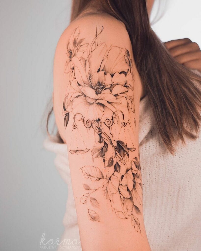 Libra Sign Sleeve Tattoo With Floral Patterns
