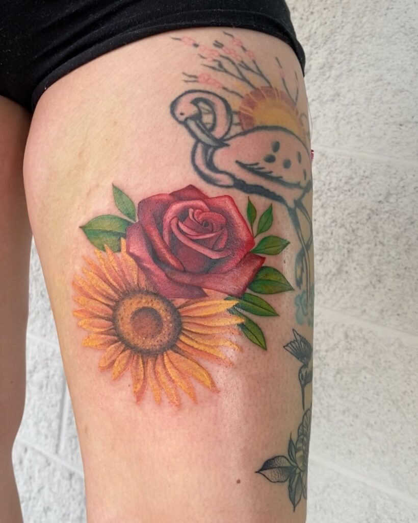 Life-Like Sunflower And Rose Tattoo