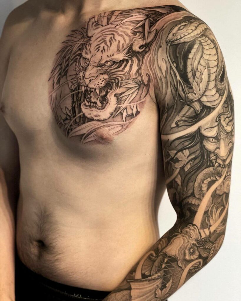 Neo Japanese tiger tattoo on the chest