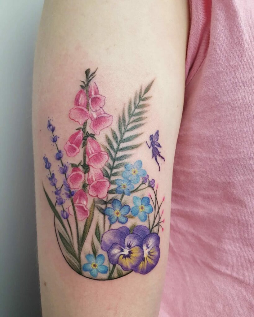 Lovely Floral Bouquet Tattoo Ideas With Pansy Flowers