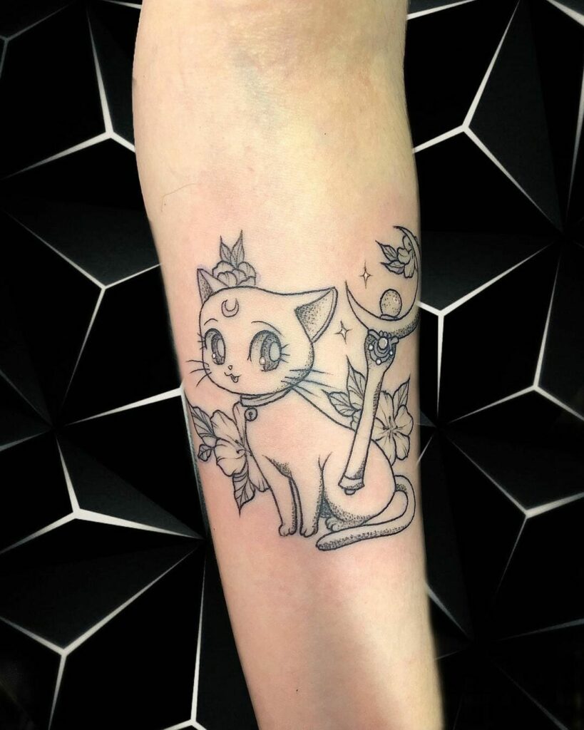 Cute cat tattoo with flowers  done by liahtattoo  one liner art   fineline tattoo  Kitten tattoo Cat tattoo designs Cat outline tattoo