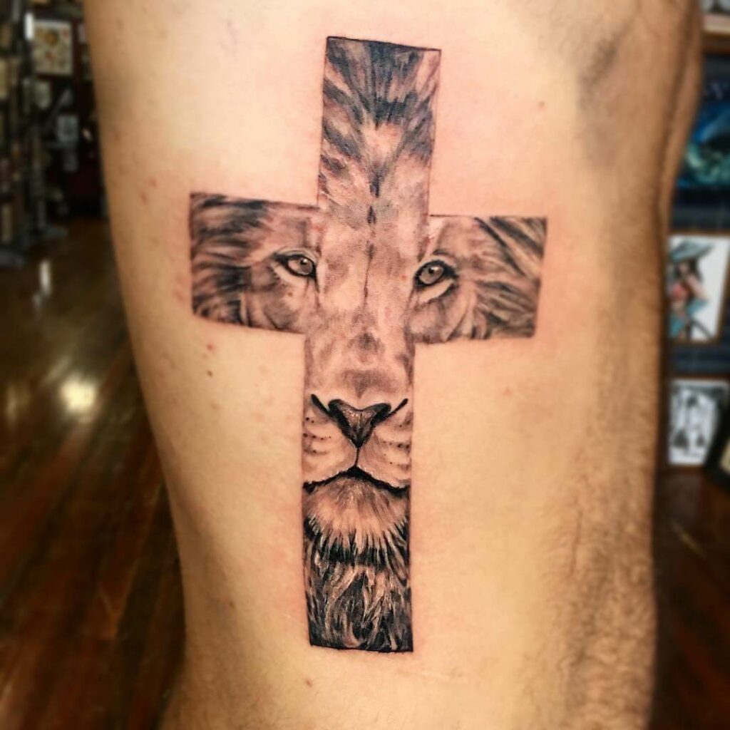 Majestic Lion With Cross Tattoo