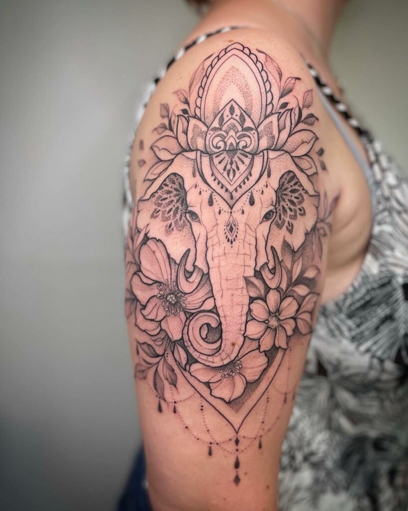 ICONYX tattoo on Twitter Elephant and flowers thigh design tattooed  yesterday  elephant elephanttattoo flowers flowertattoo pink  purple jewels gems jeweltattoo thightattoo thightattoosforwomen  girlswithtattoos tattoosformen 