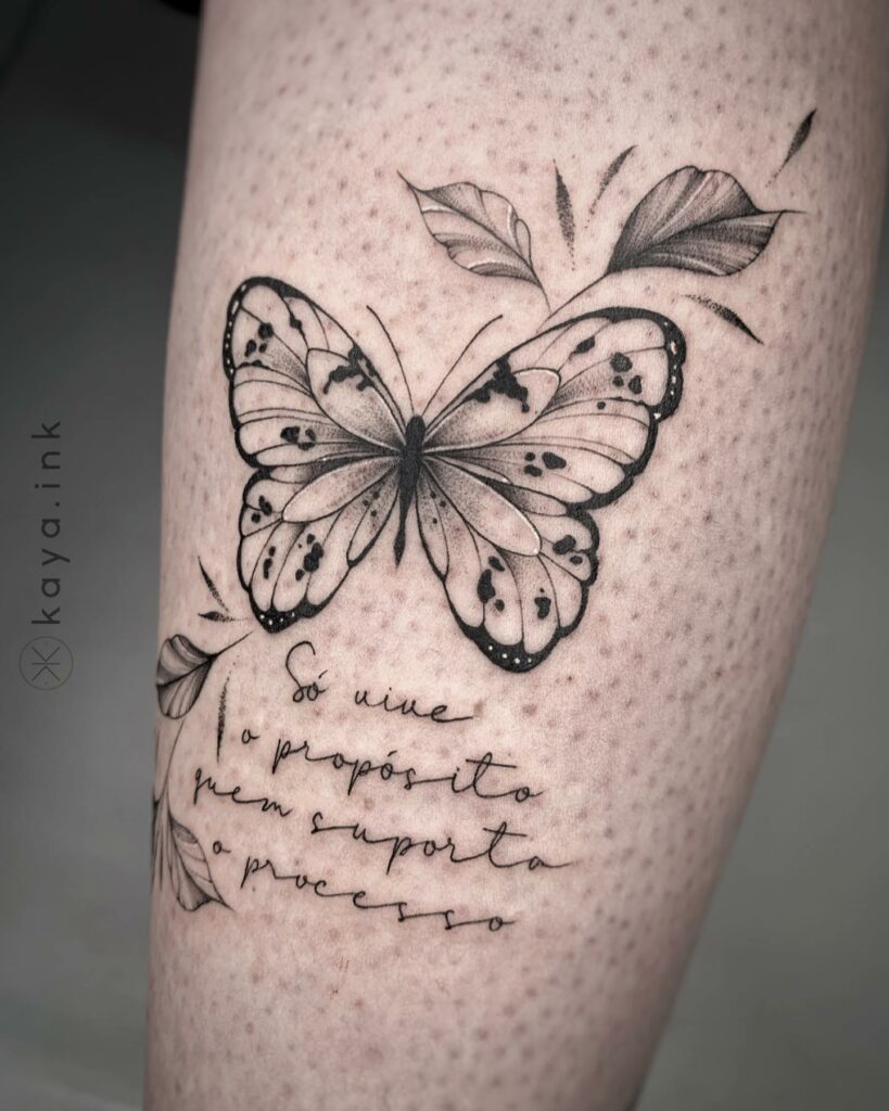 Half butterfly half flowers tattoo placed on the thigh