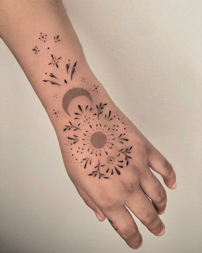 Meaningful Moon Sun Moon And Stars Tattoo In Ornamental Tattoo Style