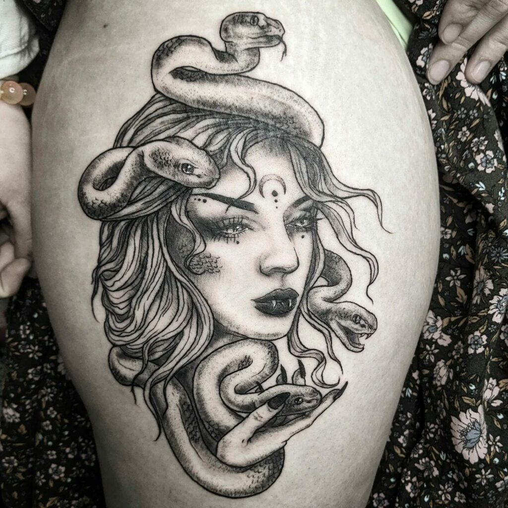 Medusa Tattoo On Thigh