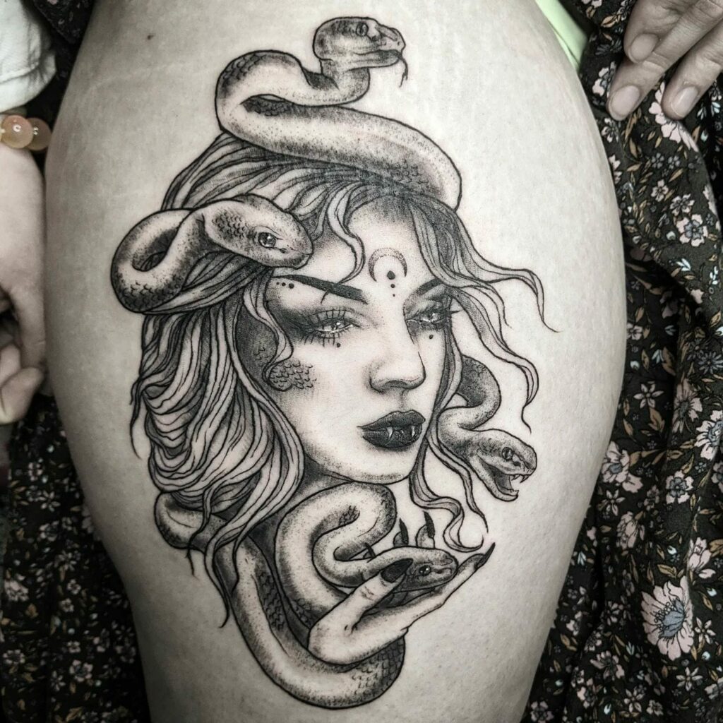 Medusa on the thigh half healed half fresh I love tattooing lady faces   amandamarietattoo slavetotheneedle  Instagram