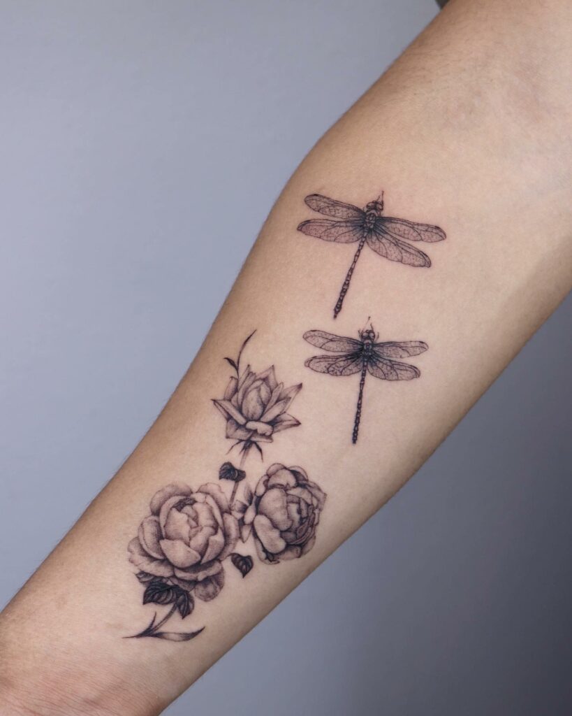 Memorial Dragonflies And Rose Tattoo Black And White