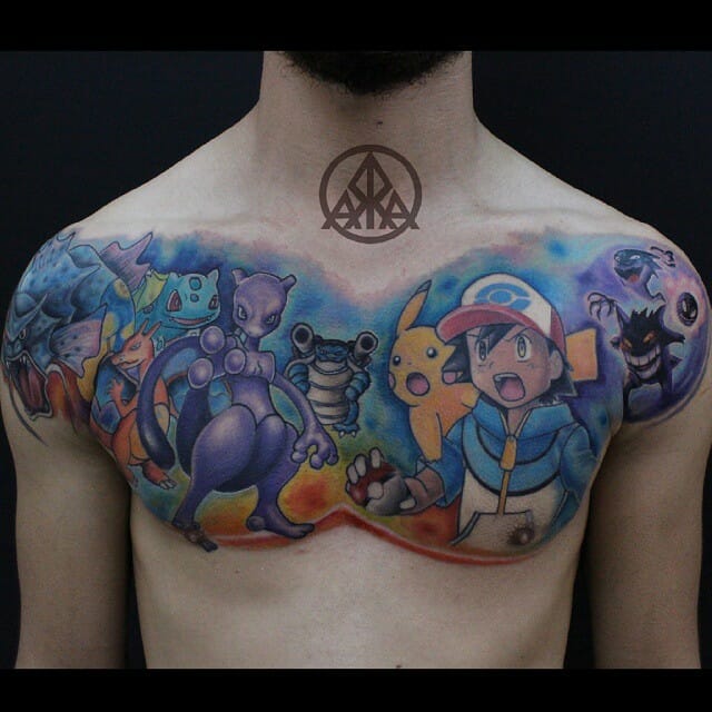 Mewtwo With Other Pokemon Chest Tattoo