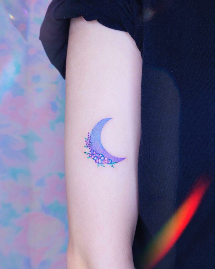 Minimalistic Moon Tattoo And Flowers