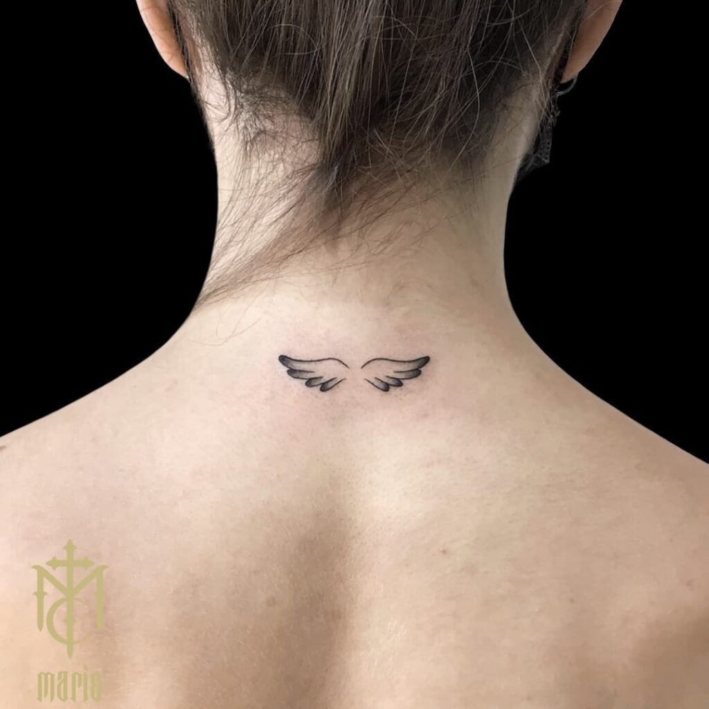 Minimalistic Neck Tattoo Of Angel Wings For Women