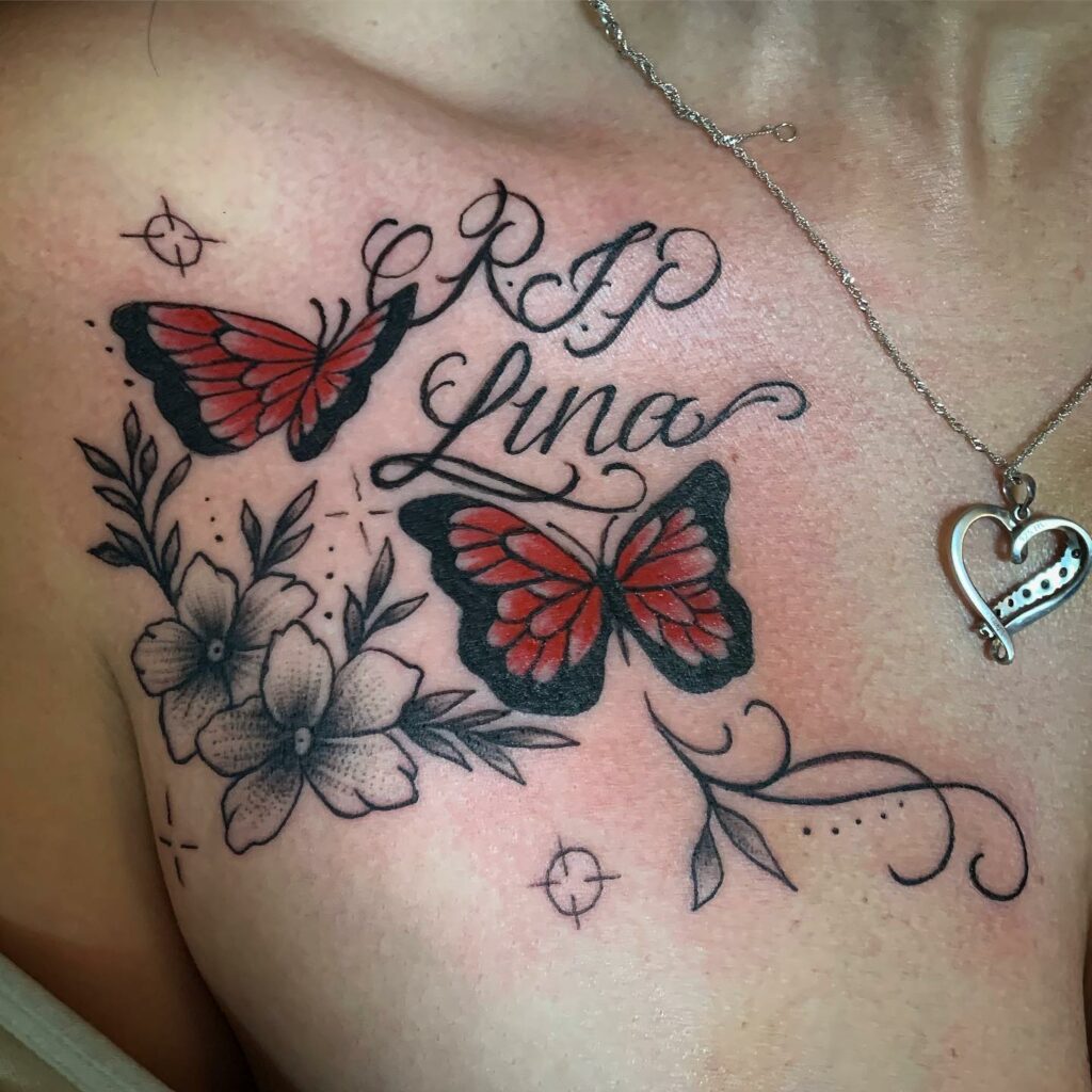 Floral  Butterfly Tattoos With Names on Shoulder