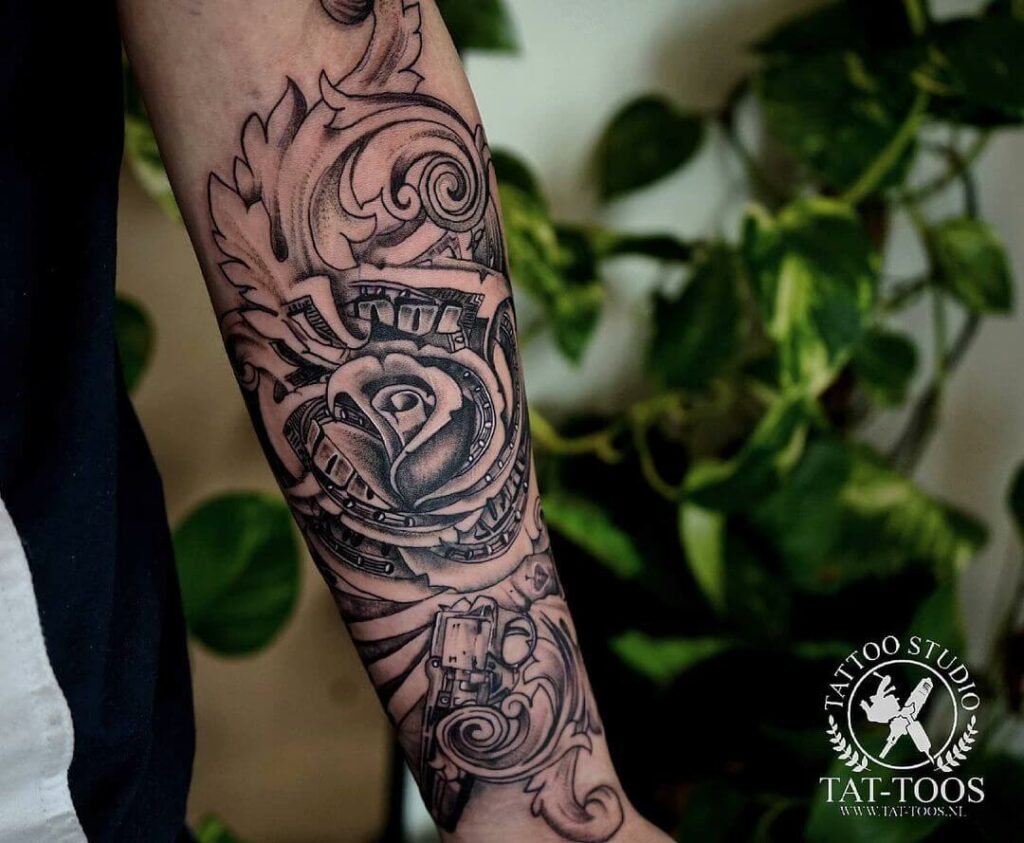 Grey Rose Money Flower Tattoo On Left Half Sleeve