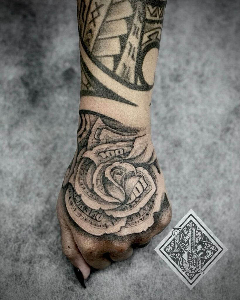 Black Ink Money Rose Tattoo On Right Hand