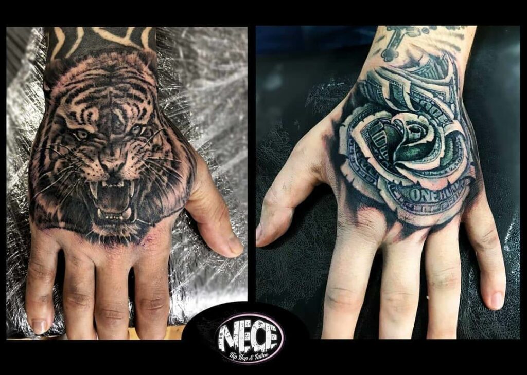 Money Rose Tattoo On Hand Design With Tiger Tattoo Design