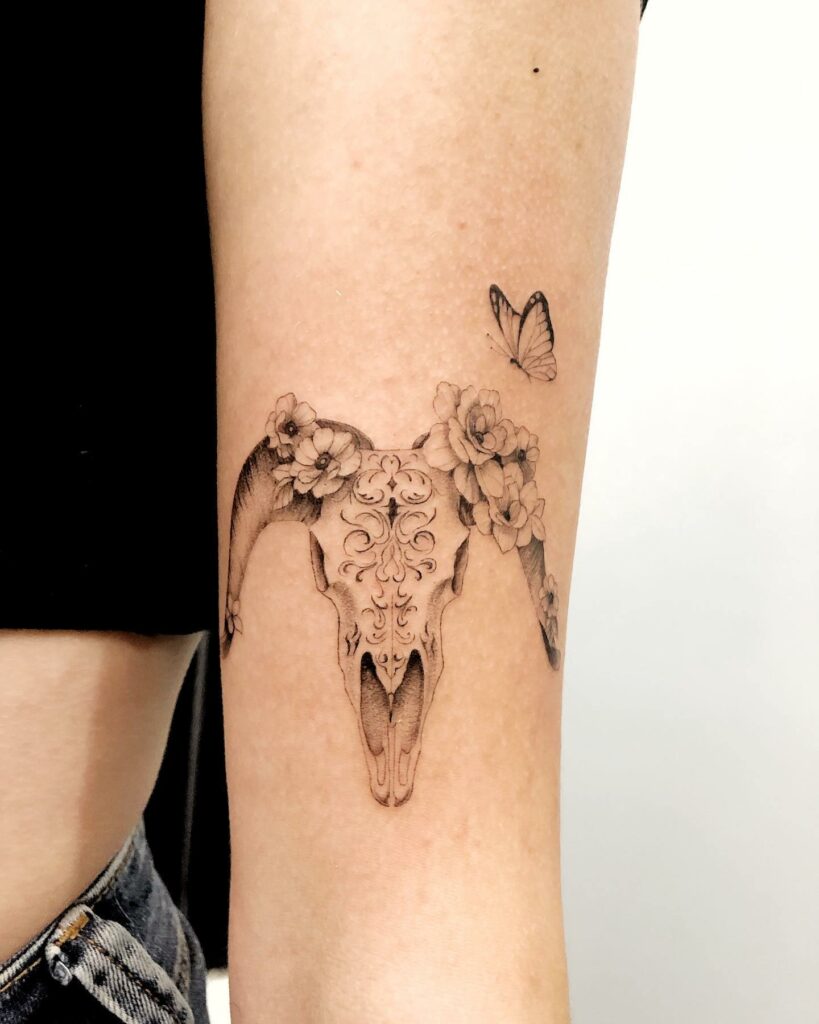 Monochromatic Goat Capricorn Tattoo On Arm