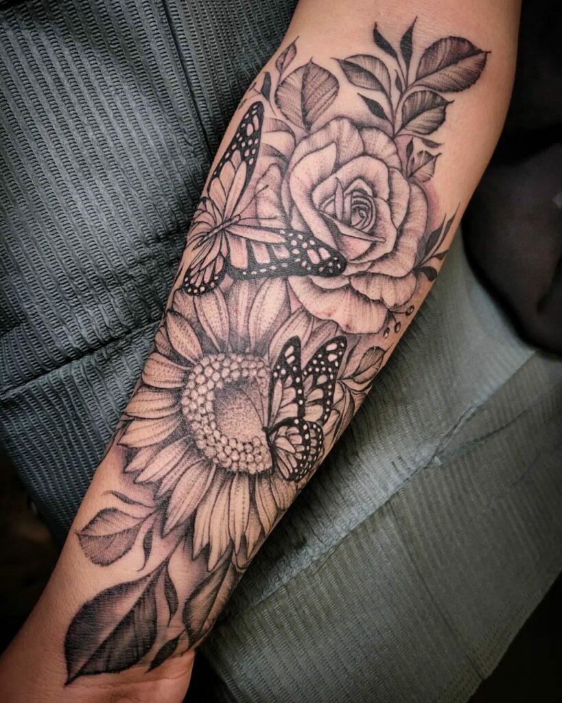Monochromatic Sunflower, Roses, And Butterfly Tattoo
