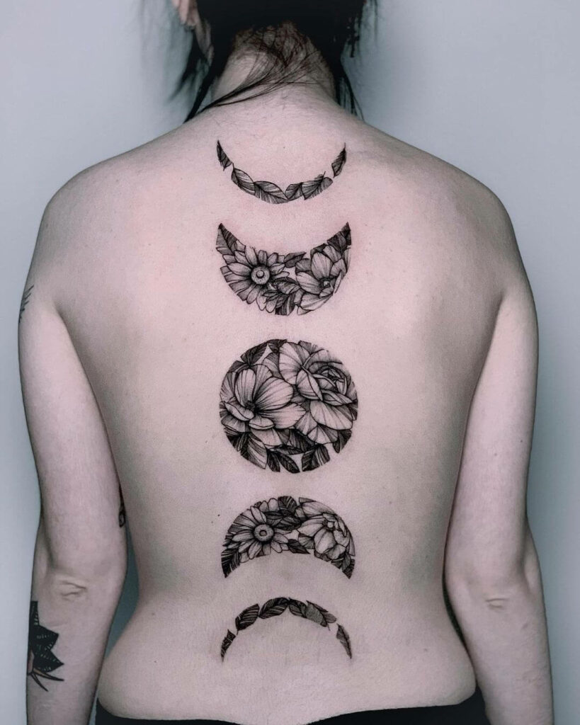 Moon Phase Floral Back Tattoo