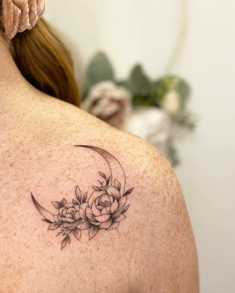 Moon Tattoo With Flower On Shoulder