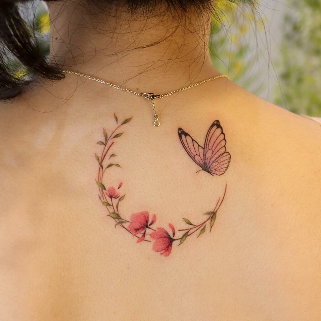 Moon Tattoo With Flowers And Butterfly