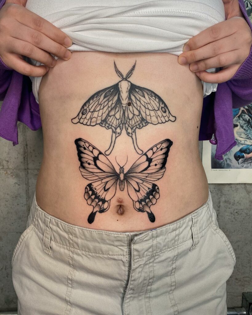 Moth And Butterfly Tattoos On Sternum