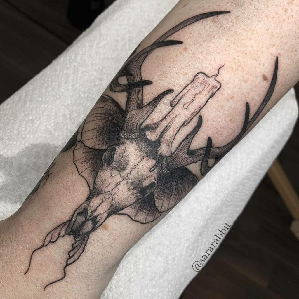 Moth, Antlers, And Candle Tattoo