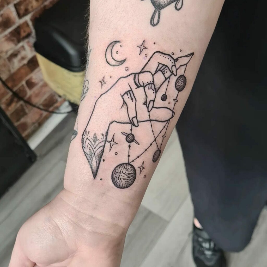 Mystic Celestial Body Tattoo With Waning Crescent