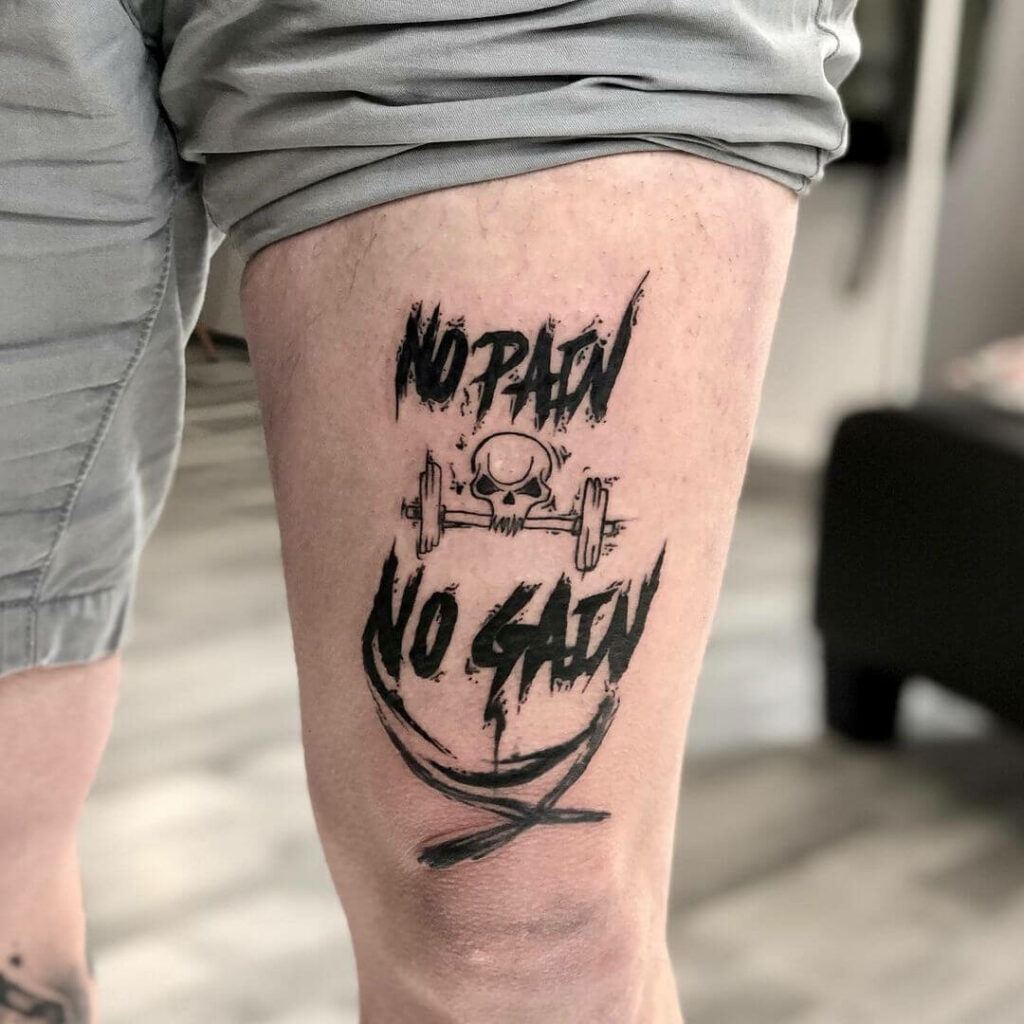 No Pain No Again Tattoo With Skull And Weighlift Motif
