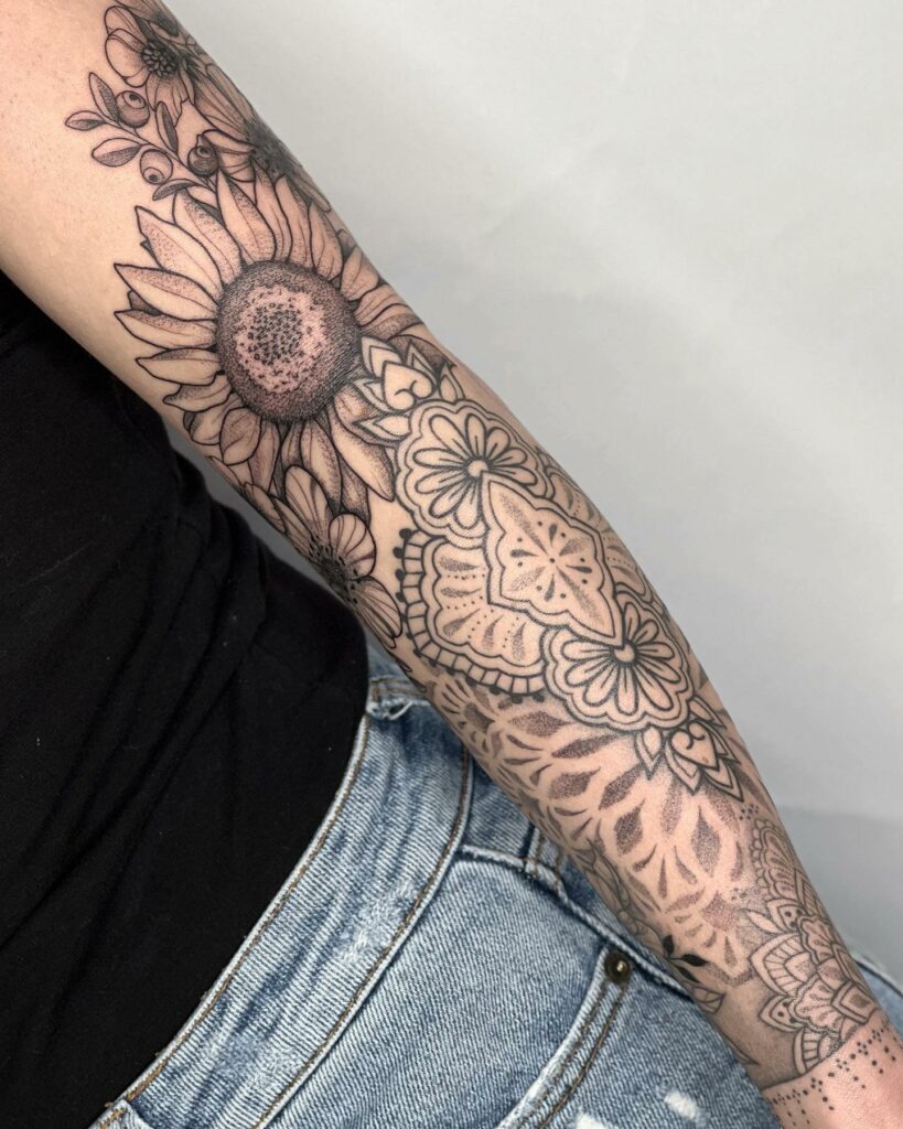 Outline And Dotwork Sleeve Tattoo