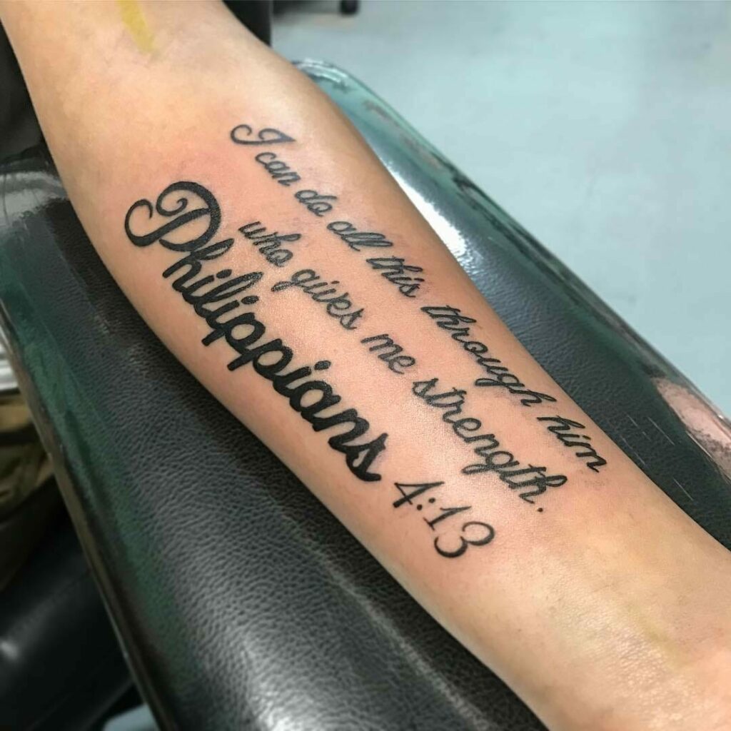 Philippians 413 lettering tattoo located on the