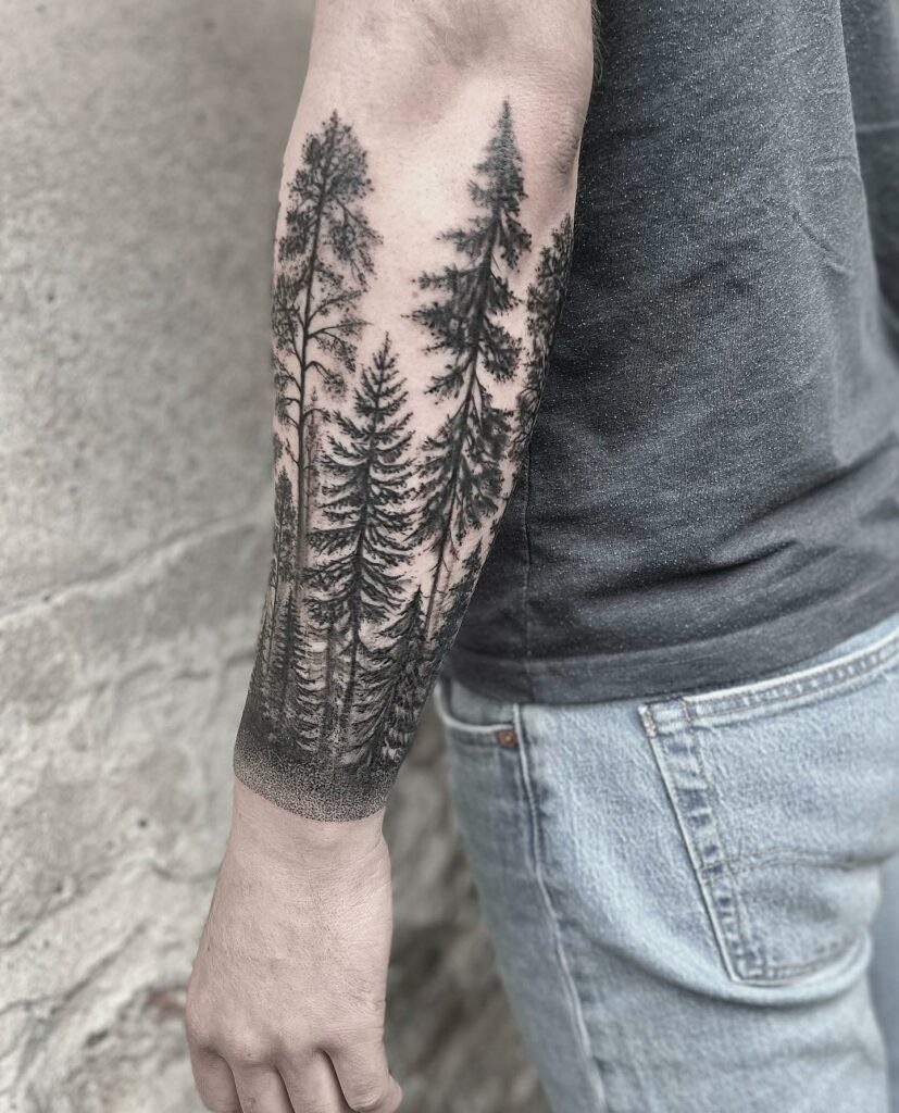 dotwork black forest canopy forearm tattoo by Obi TattooNOW