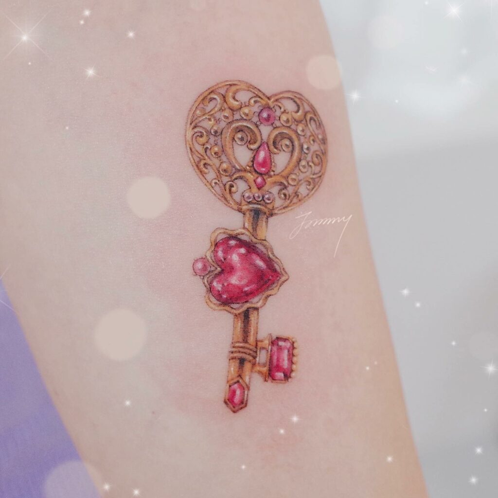 Pink Heart Shape Key Tattoo