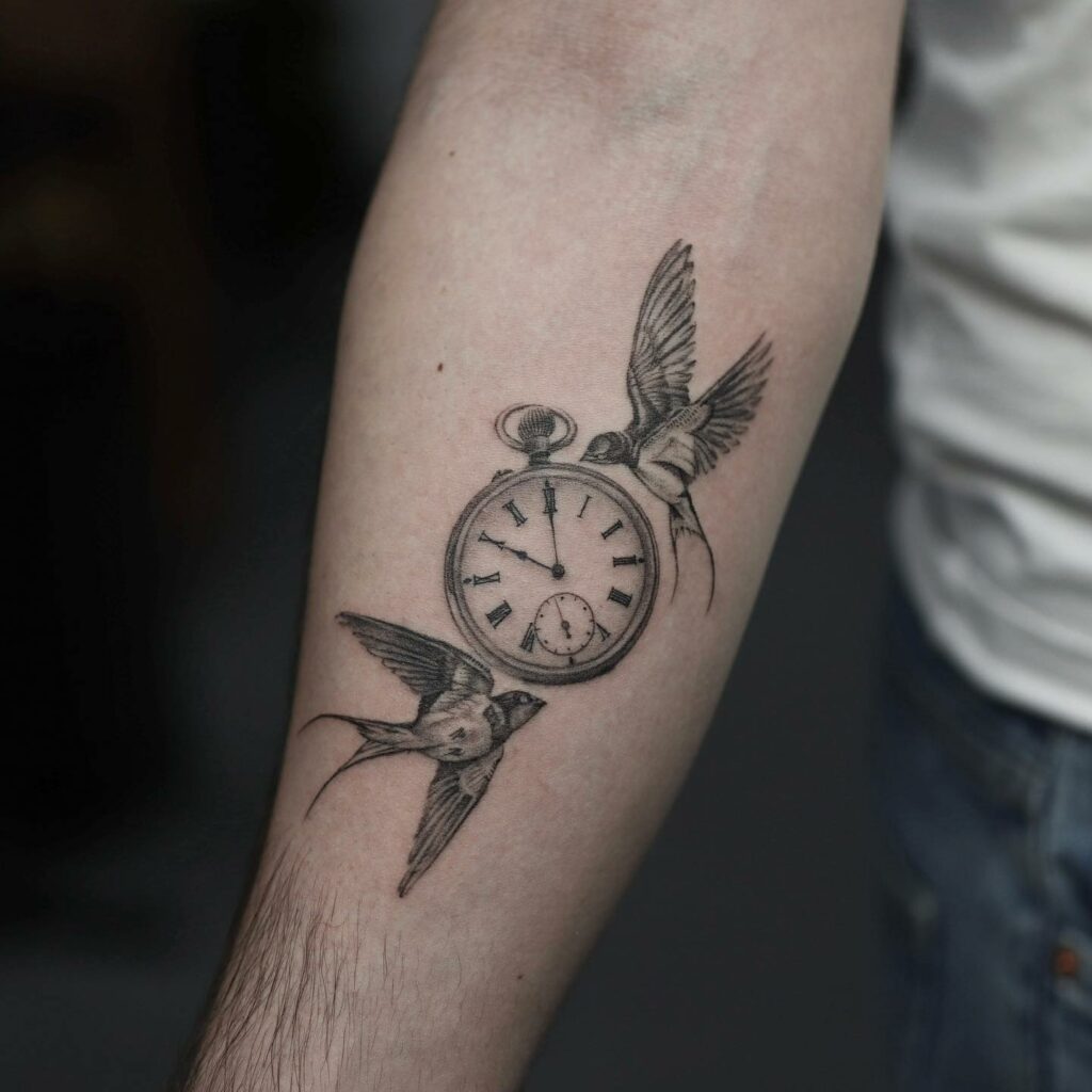 pocket watch with wings tattoo