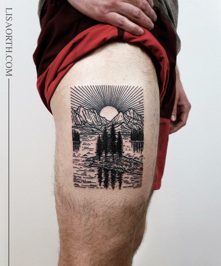 Priest Lake Thigh Tattoo For Men