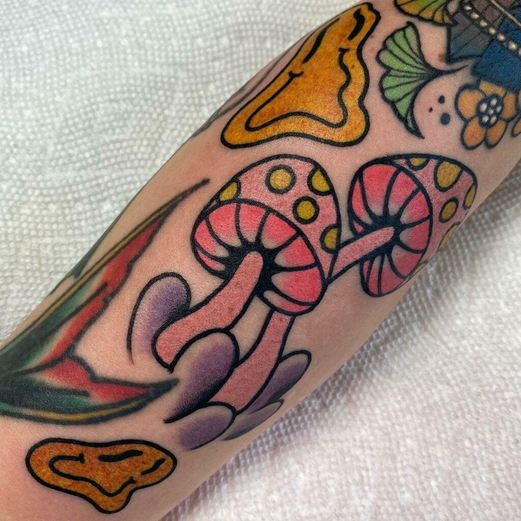 Psychedelic Tattoo Art With Smiley Face and Mushrooms