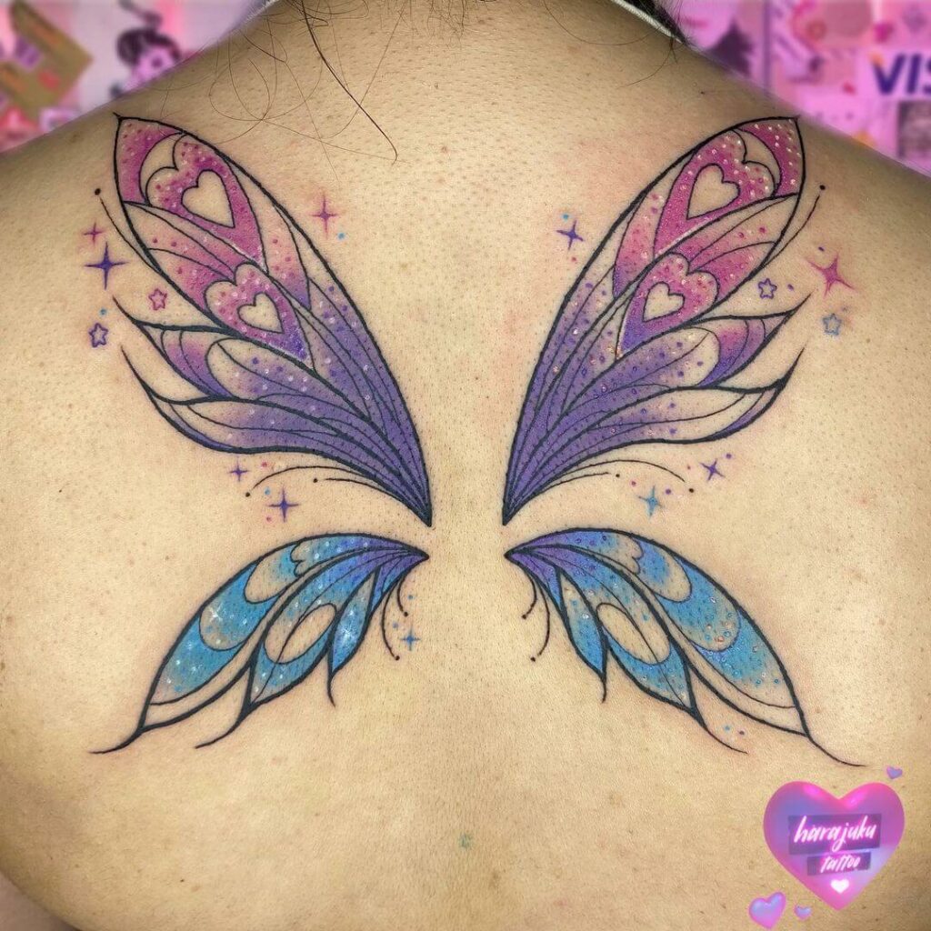 Purple Themed Wing Tattoo Designs On Back