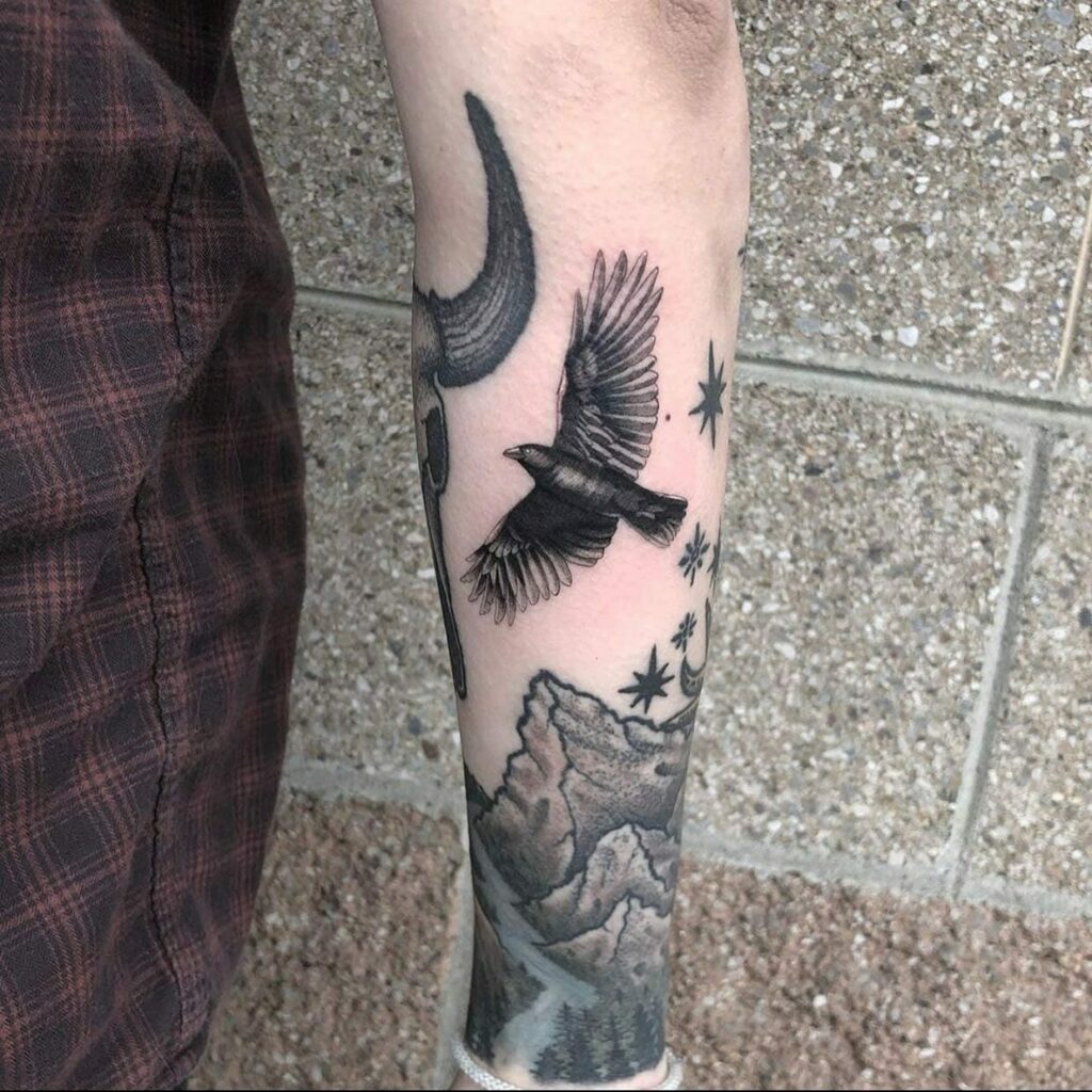 Ravens, Mountains, River, And Trees Half Sleeve Tattoo