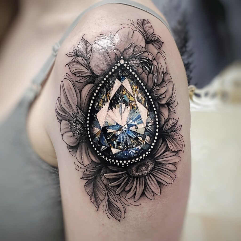 Realistic Diamond Tattoo Design With Floral Frame