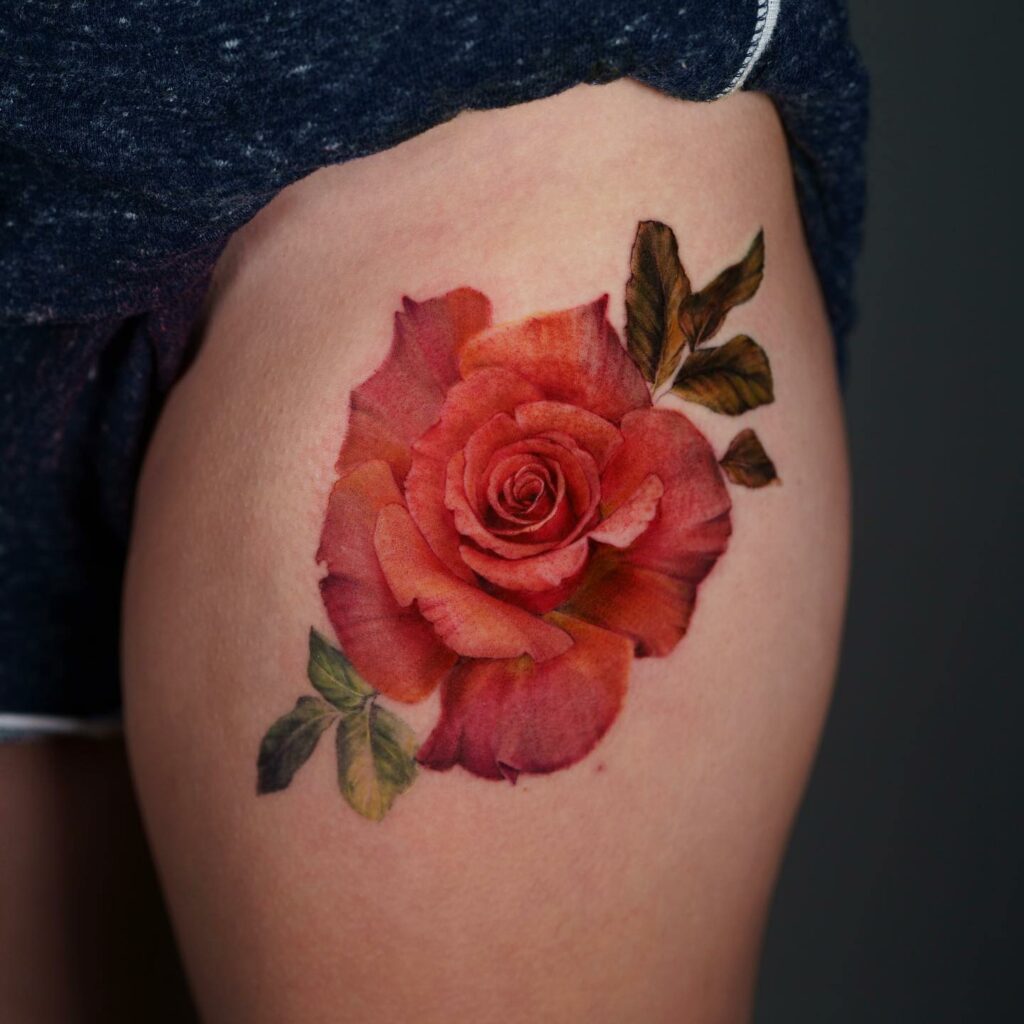 Realistic Red Rose Tattoo On Shoulder