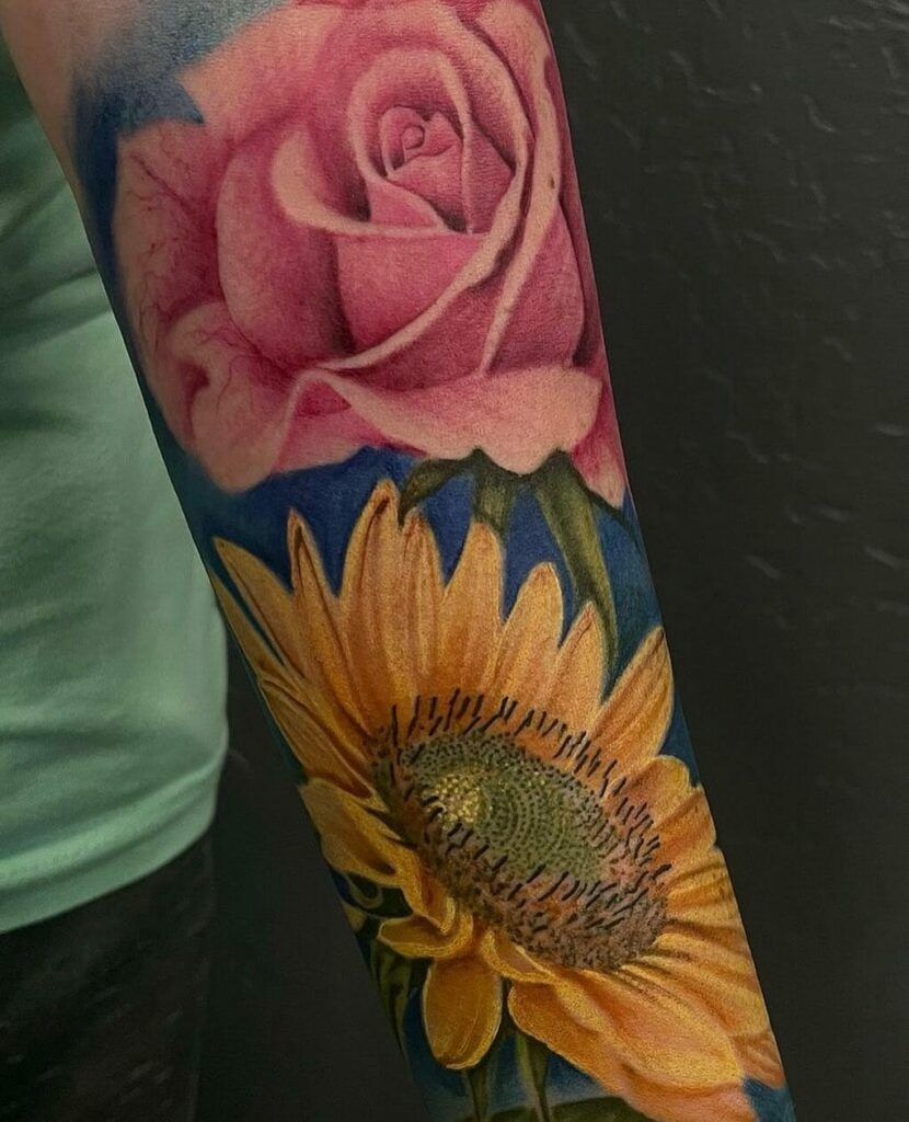 Realistic Roses And Sunflower Tattoo Drawing