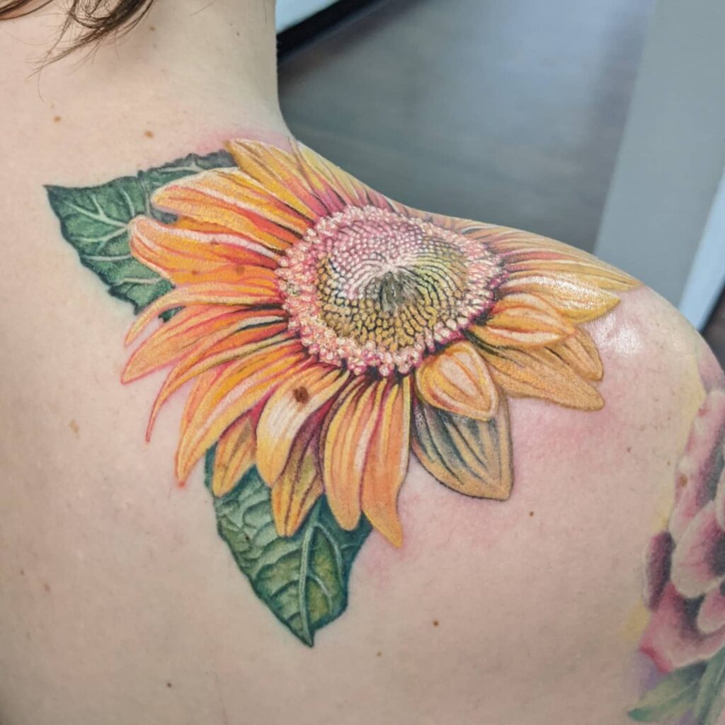 Realistic Sunflower Tattoo On Shoulders