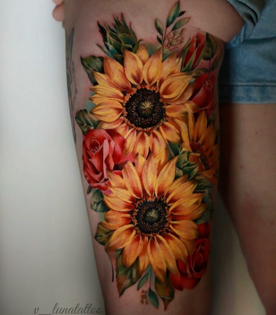 Realistic Sunflower Tattoo With Roses